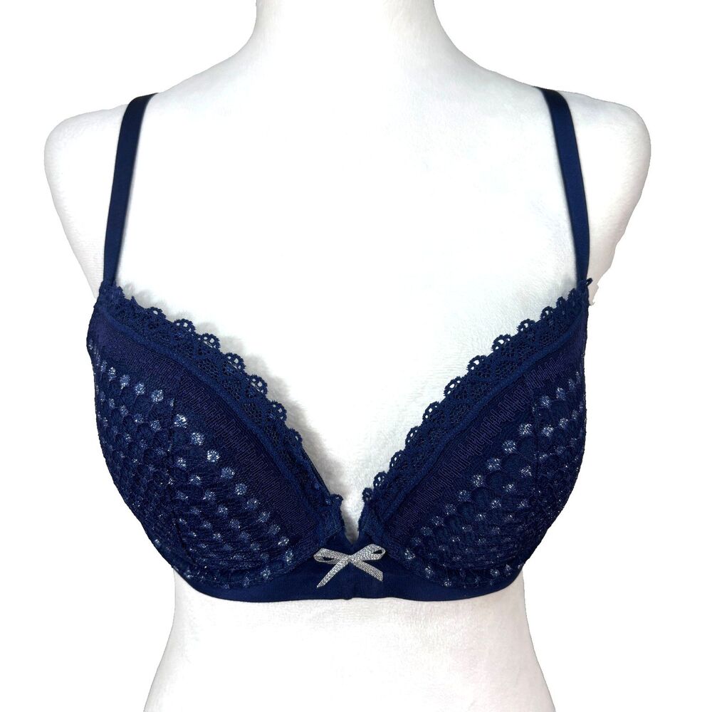 NWT Aerie Lexi Padded Push-Up Bra 36C Navy Lace Overlay Silver Accents